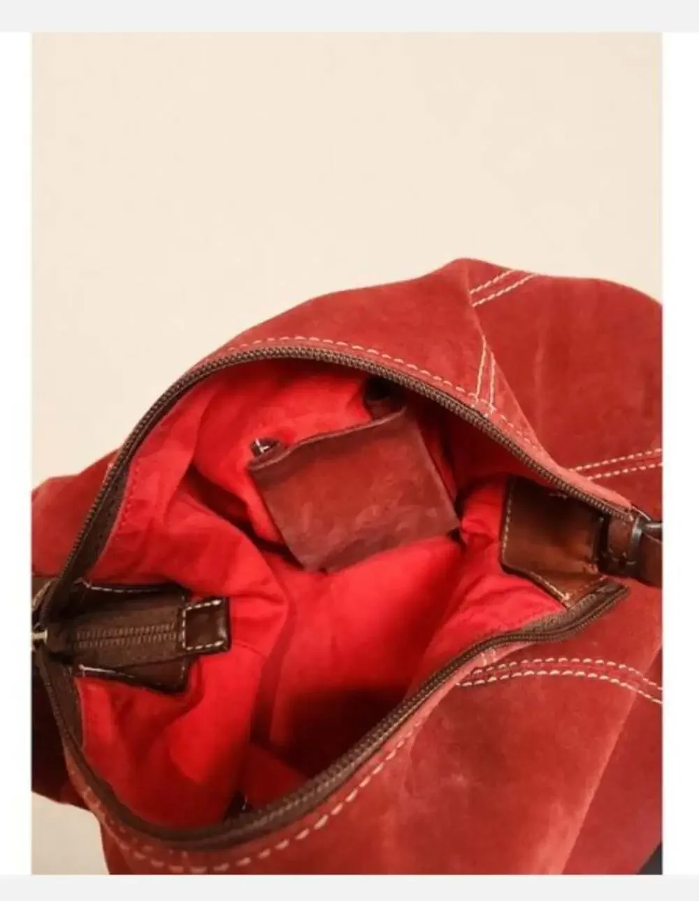 Dooney & Bourke Red Suede Hobo Shoulder Bag with Brown Leather Trim